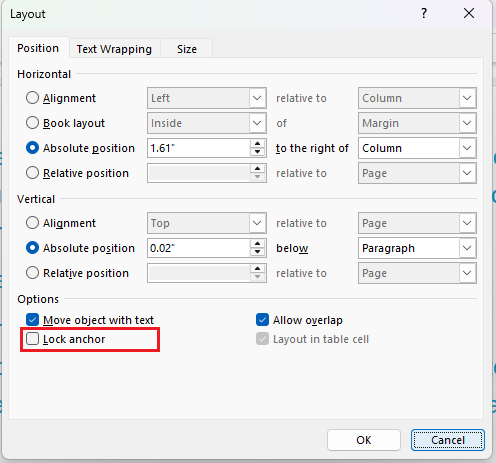 Lock Anchor option in Layout settings window